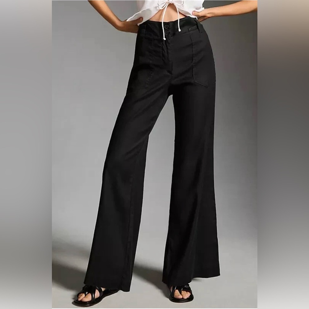 Maeve Anthropologie The Naomi Linen Blend Wide-Leg Flare Trousers Black Noir 10